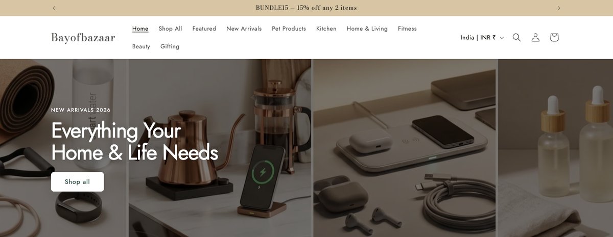 Screenshot of the bayofbazaar.store homepage: the Bayofbazaar logo, shop navigation with an India | INR currency selector, and a banner reading Everything Your Home & Life Needs.