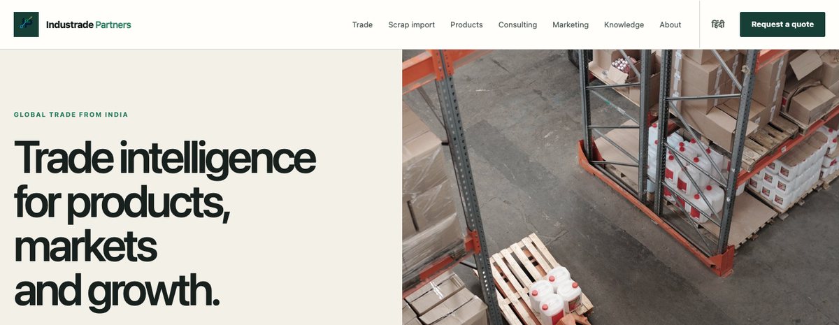 Screenshot of the industradepartners.in homepage: the Industrade Partners logo, navigation with a Hindi language link, and the headline Trade intelligence for products, markets and growth.